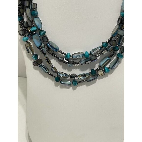 Layered Beaded Gemstone‎ Statement Necklace Turquoise Color Beads Blue Gunmetal - Picture 2 of 11